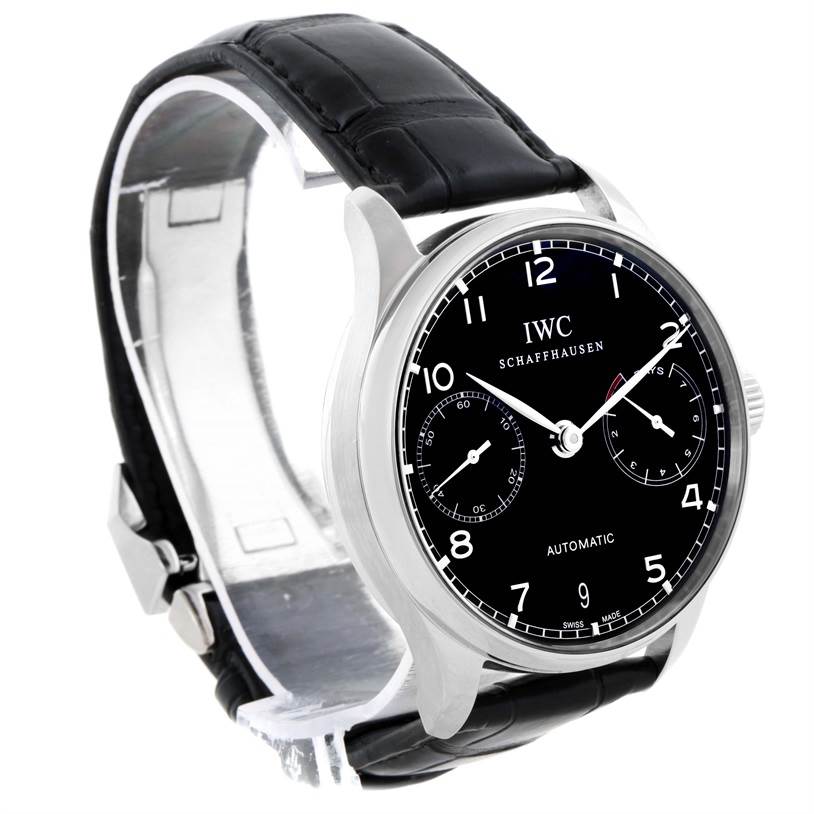 The image shows a side angle of the IWC Portuguese IW500109 Men's Stainless Steel Black Dial IW500109 Men's Stainless Steel Black Dial watch, highlighting the black dial, two subdials, and black leather strap.