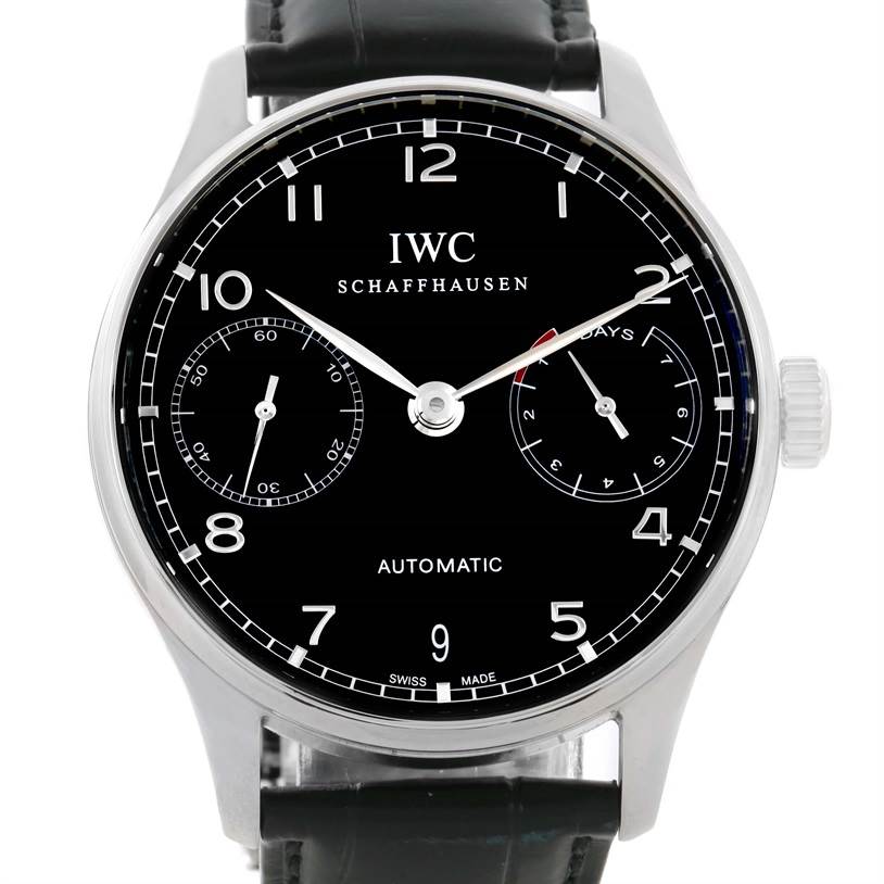 The image displays a front view of the IWC Portuguese IW500109 Men's Stainless Steel Black Dial IW500109 Men's Stainless Steel Black Dial watch, showcasing the dial, hands, numerals, subdials, and leather strap.