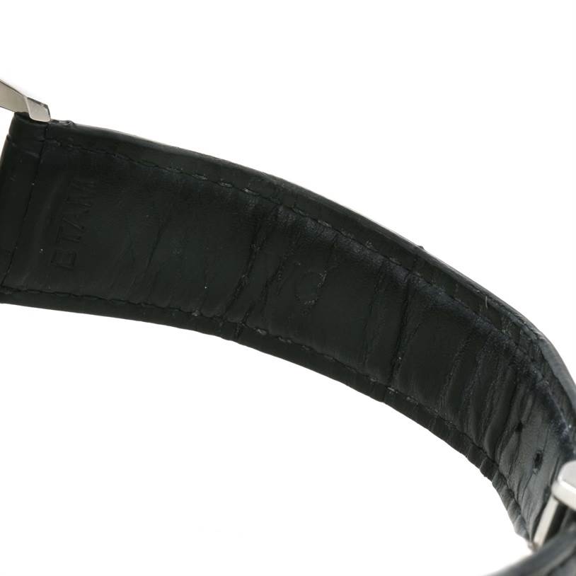 This image shows a close-up of the leather strap of an IWC Portuguese IW500109 Men's Stainless Steel Black Dial IW500109 Men's Stainless Steel Black Dial model watch.