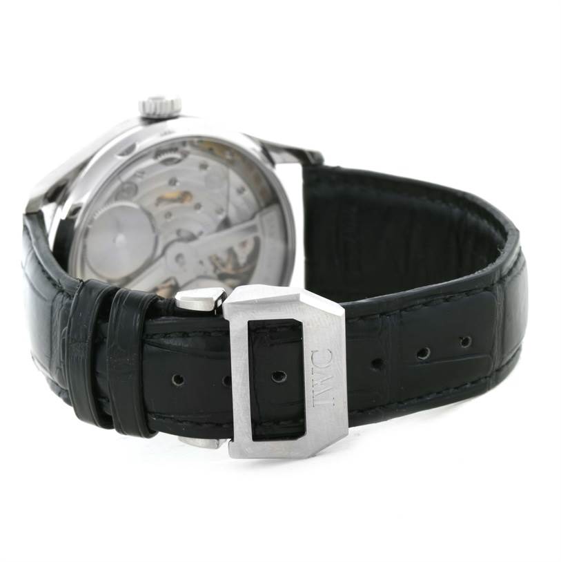 This image shows the back view and clasp of an IWC Portuguese IW500109 Men's Stainless Steel Black Dial IW500109 Men's Stainless Steel Black Dial model watch, highlighting the movement and black leather strap.