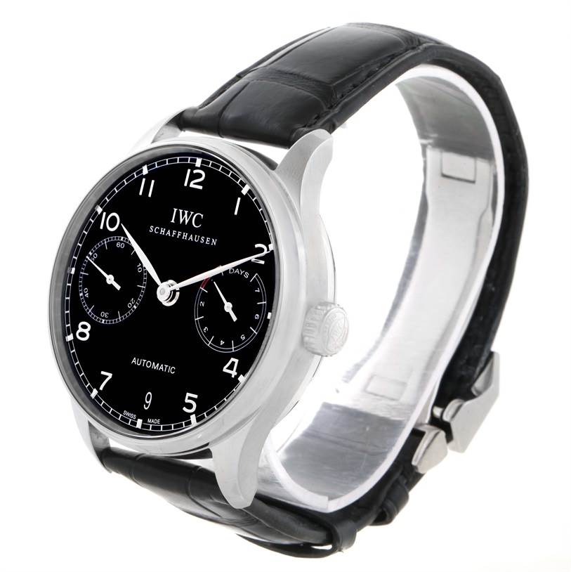 The image shows an IWC Portuguese IW500109 Men's Stainless Steel Black Dial IW500109 Men's Stainless Steel Black Dial model watch from a front right angle, displaying the face, crown, and black leather strap.