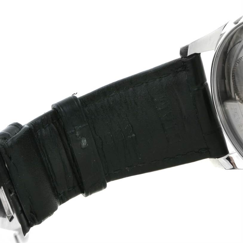 This image shows the side view of the leather strap and a partial view of the case back of the IWC Portuguese IW500109 Men's Stainless Steel Black Dial IW500109 Men's Stainless Steel Black Dial model watch.
