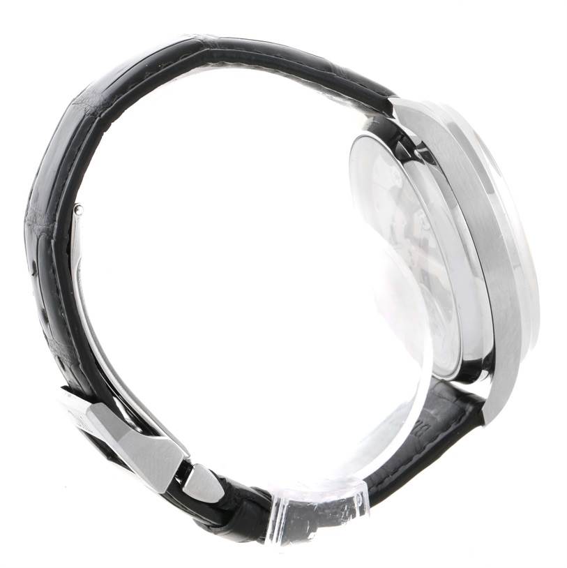 The image shows a side view of the IWC Portuguese IW500109 Men's Stainless Steel Black Dial IW500109 Men's Stainless Steel Black Dial model watch, highlighting the case and leather strap.