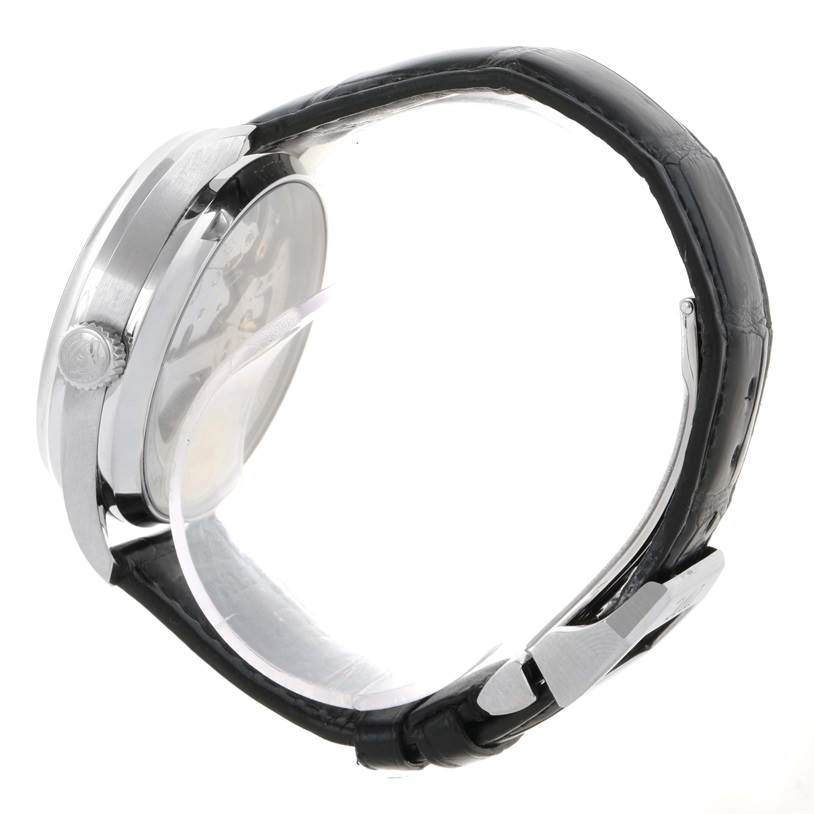 The image shows a side view of an IWC Portuguese IW500109 Men's Stainless Steel Black Dial IW500109 Men's Stainless Steel Black Dial model watch, highlighting its crown, case, and leather strap.