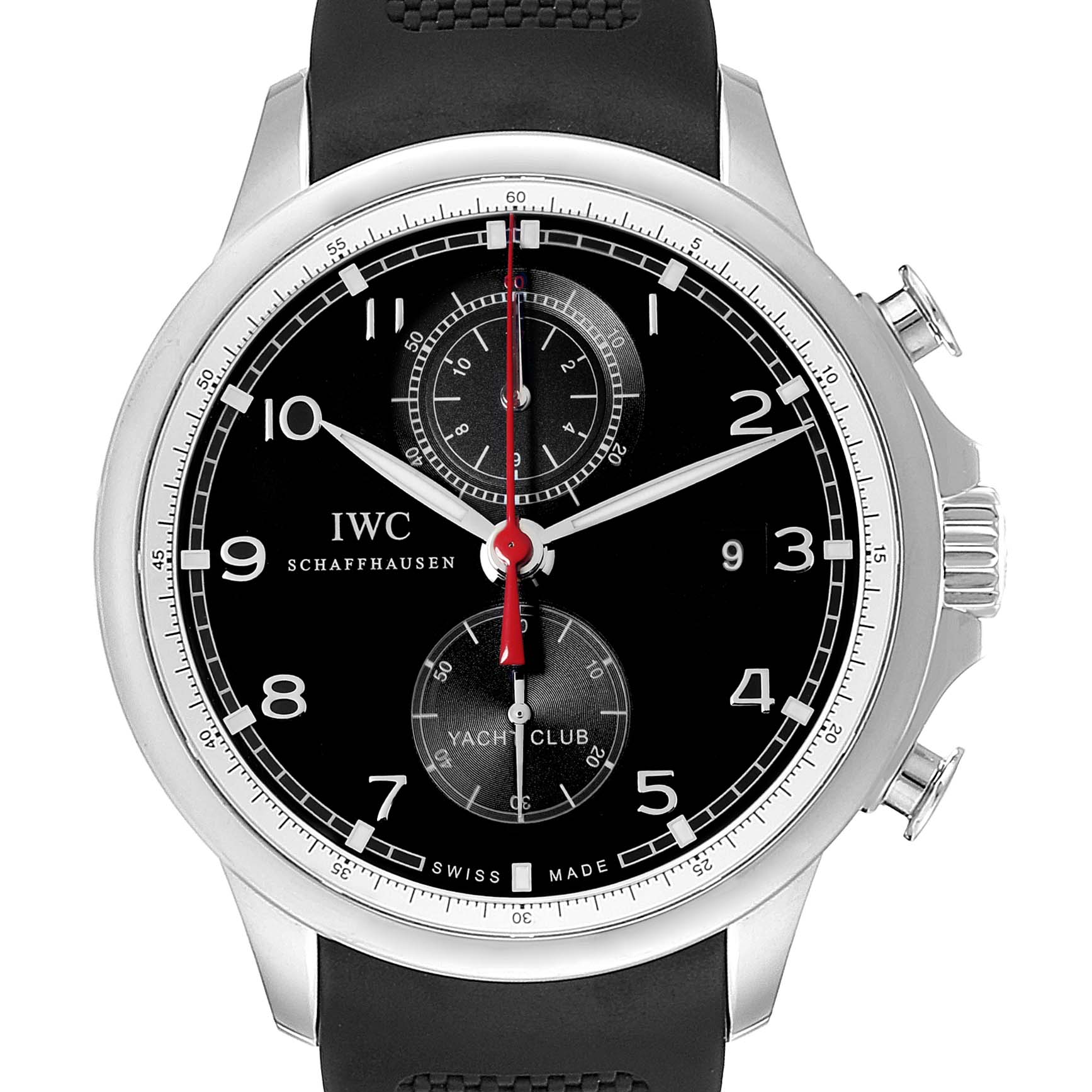 The image shows a front view of an IWC Portuguese IW390210 Men's Stainless Steel Black Dial IW390210 Men's Stainless Steel Black Dial Yacht Club watch, detailing the face, hands, and chronograph subdials.