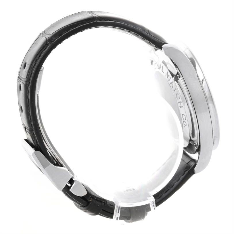 The image shows a side profile of an IWC Portuguese IW371447 Men's Stainless Steel Black Dial IW371447 Men's Stainless Steel Black Dial model watch, highlighting its case, crown, and leather strap.