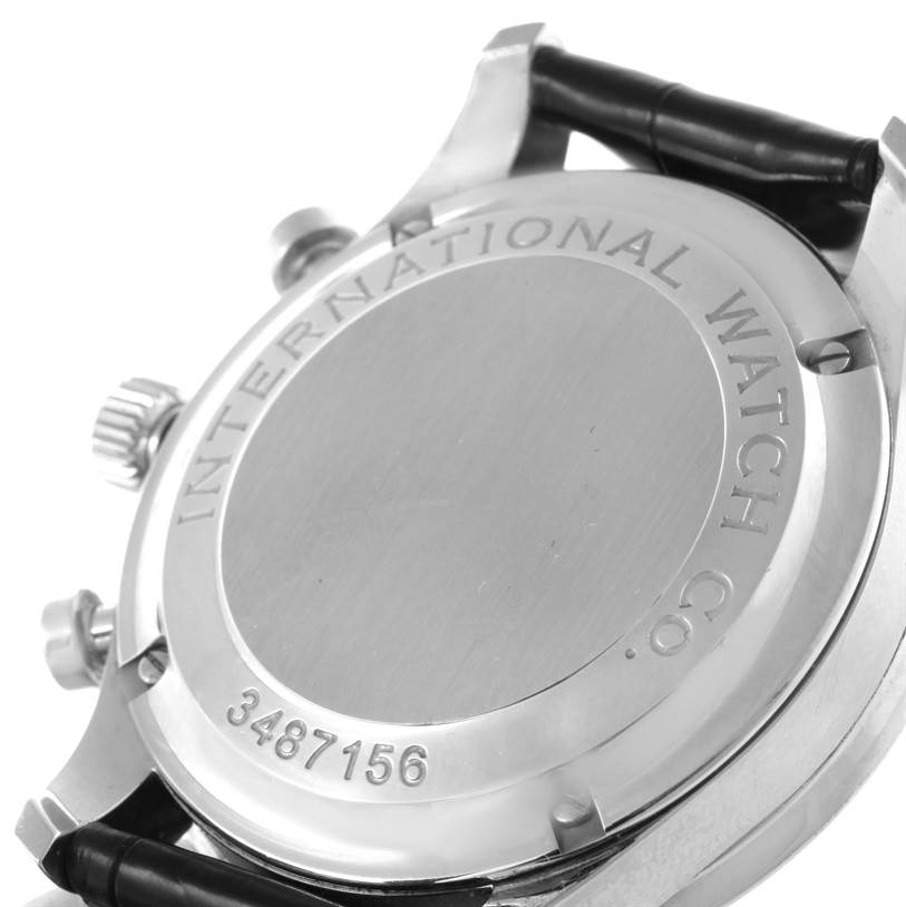 This image shows the back of an IWC Portuguese IW371447 Men's Stainless Steel Black Dial IW371447 Men's Stainless Steel Black Dial model watch, highlighting the case back and the serial number.