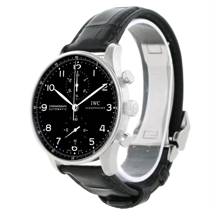 This image shows an IWC Portuguese IW371447 Men's Stainless Steel Black Dial IW371447 Men's Stainless Steel Black Dial model watch at a three-quarter angle, prominently displaying the face, bezel, crown, and part of the strap.