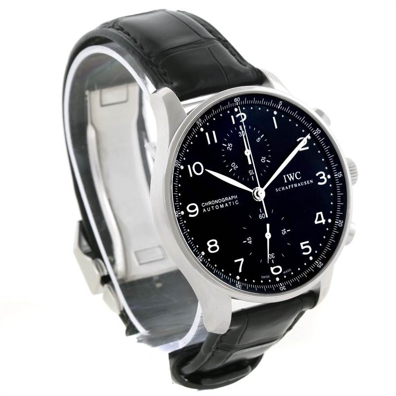This image shows a front angle of an IWC Portuguese IW371447 Men's Stainless Steel Black Dial IW371447 Men's Stainless Steel Black Dial model watch, highlighting its black dial, silver case, and black leather strap.