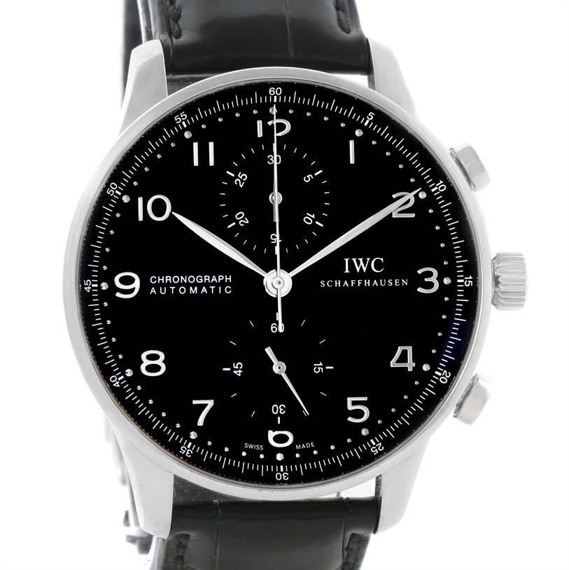 The image shows a front view of an IWC Portuguese IW371447 Men's Stainless Steel Black Dial IW371447 Men's Stainless Steel Black Dial Chronograph Automatic watch, revealing its black dial and sub-dials.