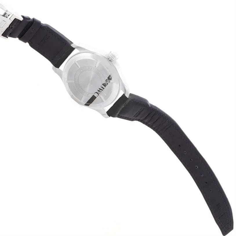 The image shows the back of an IWC Pilot IWC3262-01 Men's Stainless Steel Black Dial IWC3262-01 Men's Stainless Steel Black Dial watch, highlighting the case back and black leather strap.