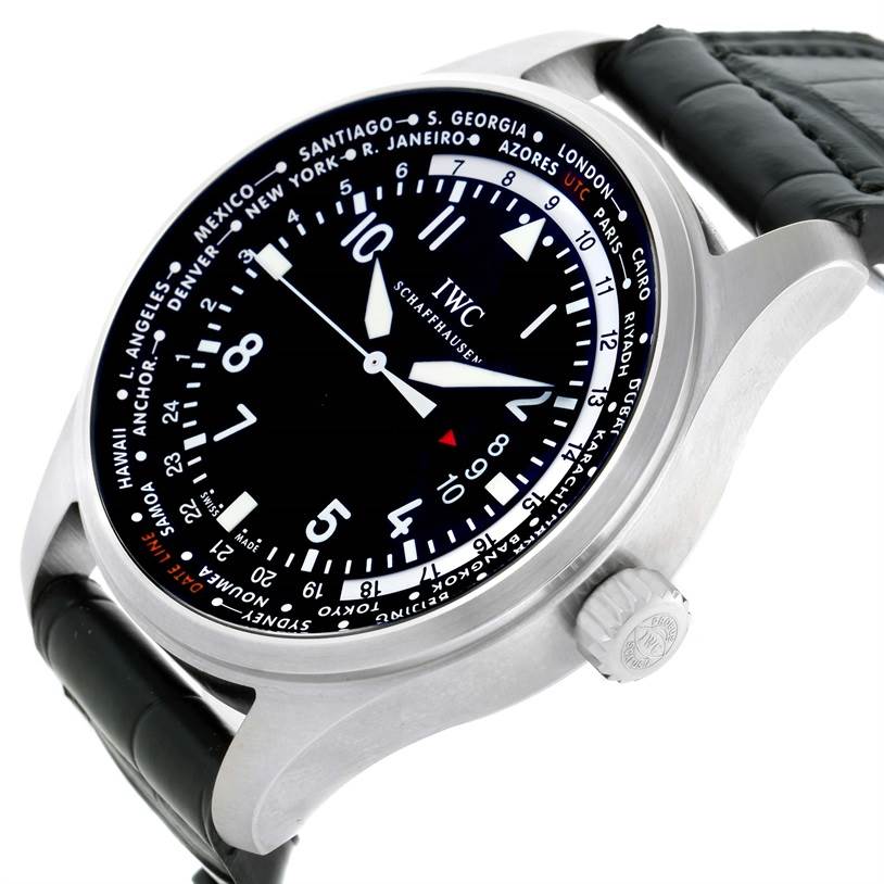The IWC Pilot IWC3262-01 Men's Stainless Steel Black Dial IWC3262-01 Men's Stainless Steel Black Dial watch is shown from an angled side view, displaying the face, bezel, and part of the strap.