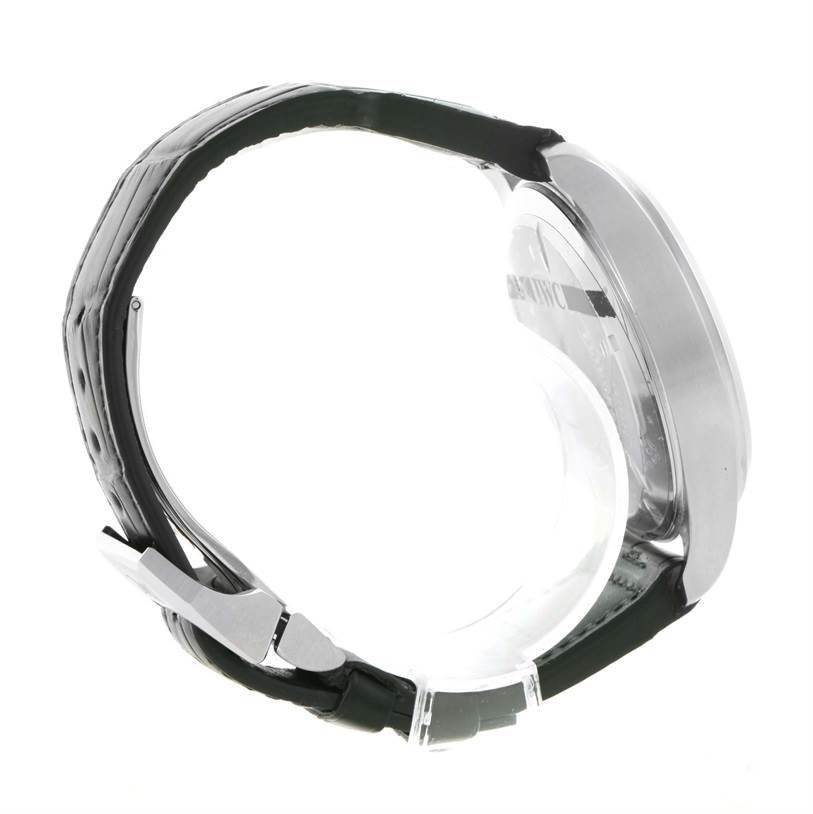 This side-angle view of the IWC Pilot IWC3262-01 Men's Stainless Steel Black Dial IWC3262-01 Men's Stainless Steel Black Dial model watch shows the watch case, strap, and buckle.