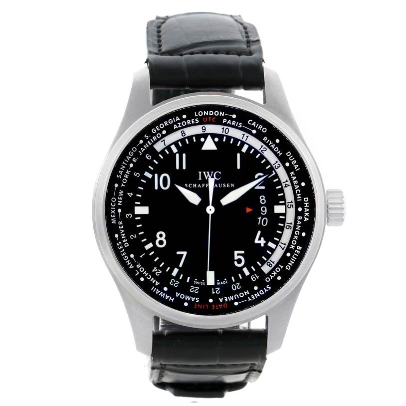 The IWC Pilot IWC3262-01 Men's Stainless Steel Black Dial IWC3262-01 Men's Stainless Steel Black Dial watch is shown from the front, displaying its black dial, world time cities, and a black leather strap.