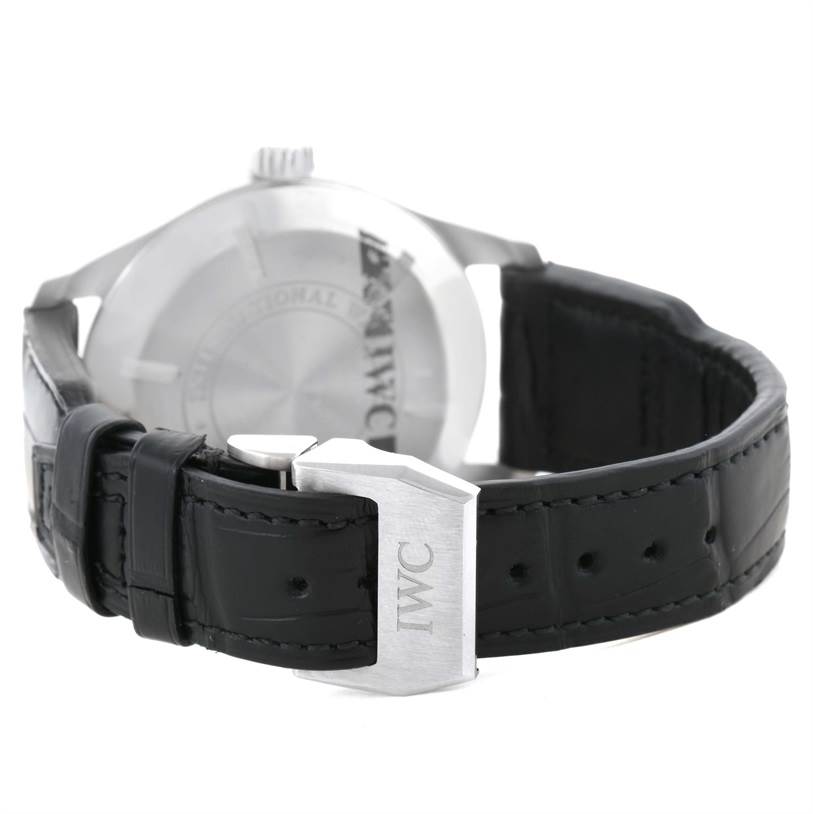 The image shows the back of an IWC Pilot IWC3262-01 Men's Stainless Steel Black Dial IWC3262-01 Men's Stainless Steel Black Dial model watch, focusing on the leather strap and buckle.