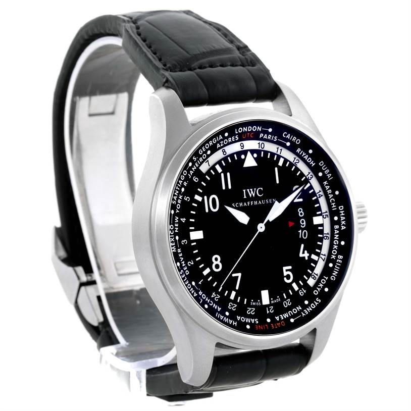 The image shows a frontal view of the IWC Pilot IWC3262-01 Men's Stainless Steel Black Dial IWC3262-01 Men's Stainless Steel Black Dial watch, featuring its black dial, time zone markings, and black leather strap.