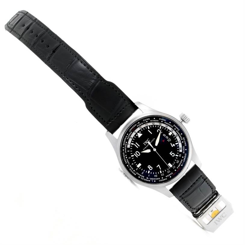 The IWC Pilot IWC3262-01 Men's Stainless Steel Black Dial IWC3262-01 Men's Stainless Steel Black Dial model watch is shown at an angle, displaying the face, bezel, crown, and full leather strap.