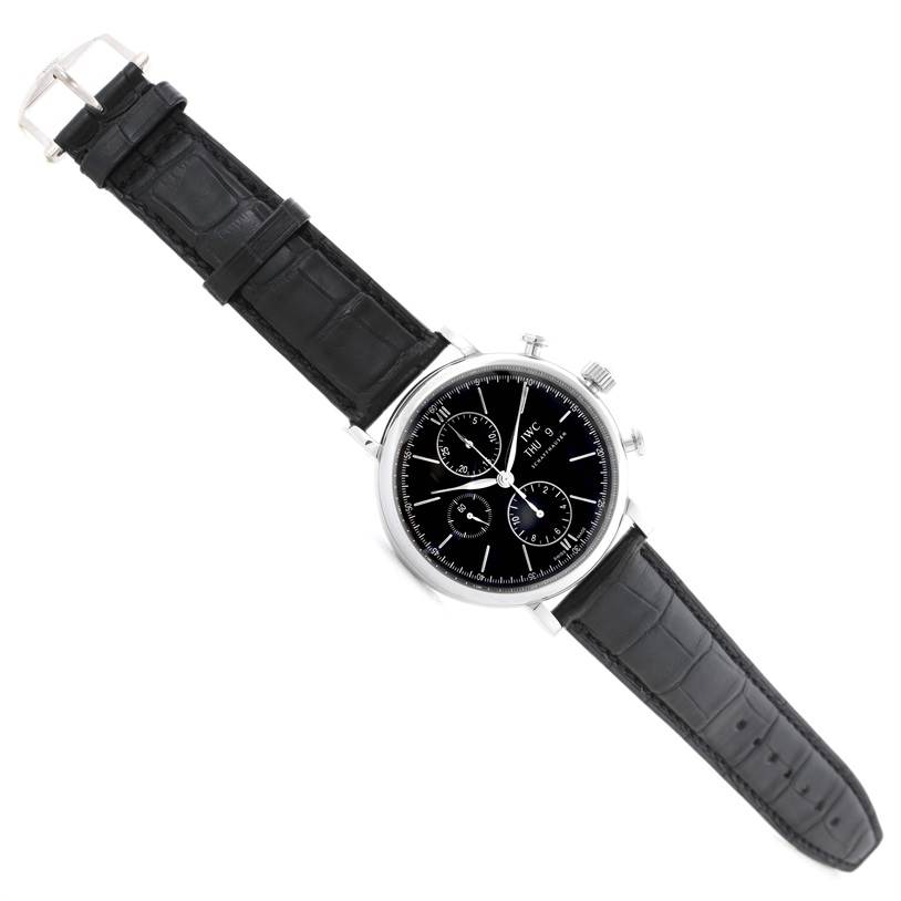 The IWC Portofino IW371447 Men's Stainless Steel Black Dial IW371447 Men's Stainless Steel Black Dial watch is shown at a top-down angle, featuring the face, case, and black leather strap.