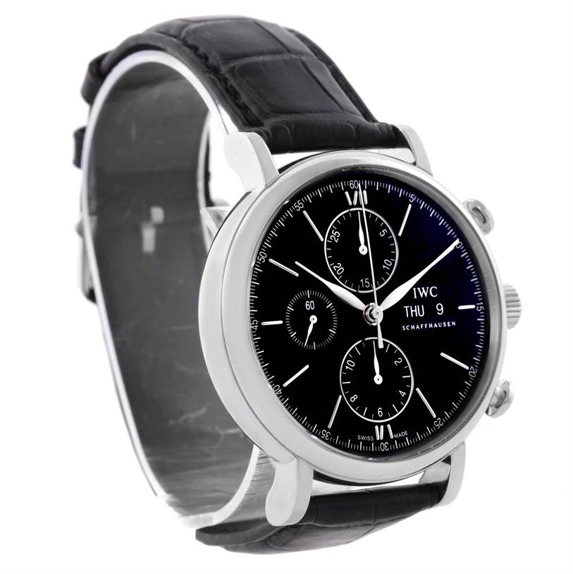 The image shows an IWC Portofino IW371447 Men's Stainless Steel Black Dial IW371447 Men's Stainless Steel Black Dial watch from an oblique side angle, highlighting the dial, sub-dials, and black leather strap.
