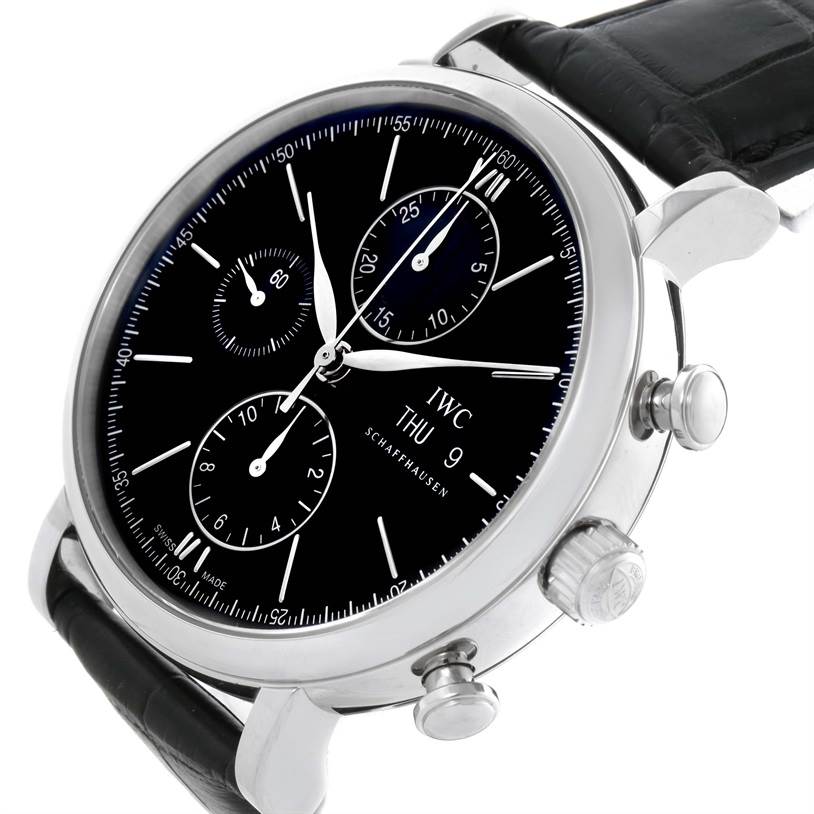 This image shows a close-up view of the IWC Portofino IW371447 Men's Stainless Steel Black Dial IW371447 Men's Stainless Steel Black Dial watch, highlighting the dial, case, pushers, and crown.