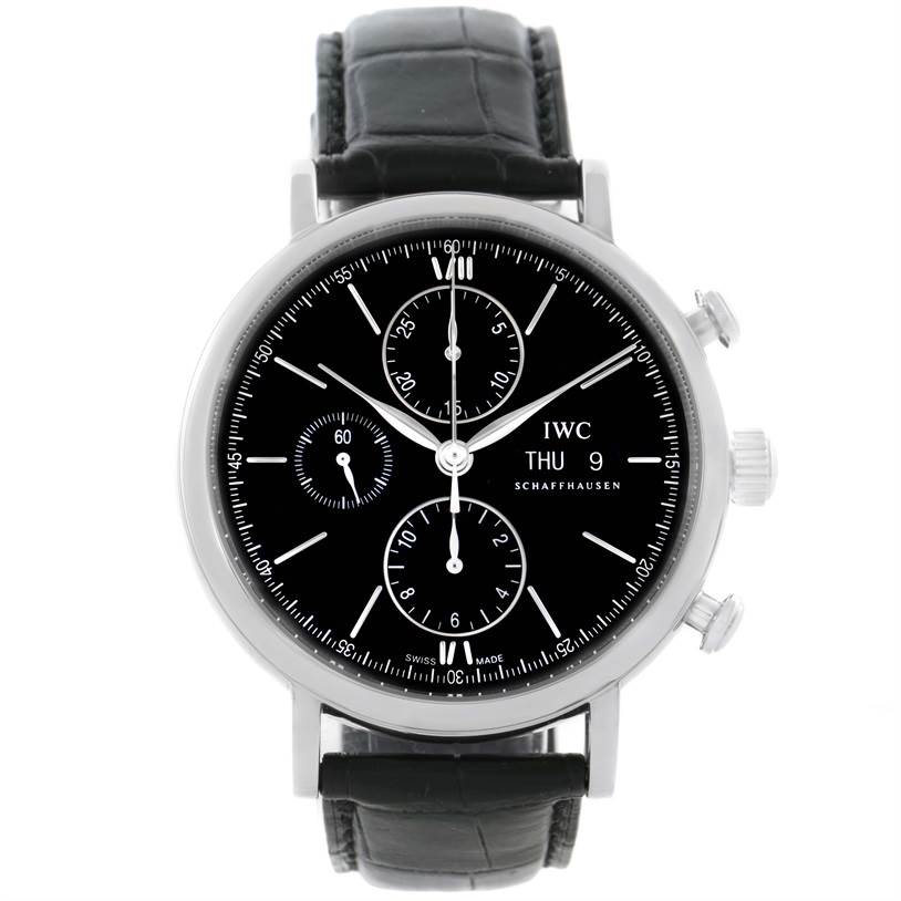 The image shows a front view of the IWC Portofino IW371447 Men's Stainless Steel Black Dial IW371447 Men's Stainless Steel Black Dial watch, displaying its black dial, subdials, and black leather strap.
