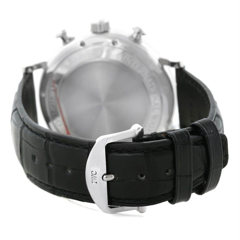 The image shows the back of the IWC Portofino IW371447 Men's Stainless Steel Black Dial IW371447 Men's Stainless Steel Black Dial watch with a focus on the black leather strap and buckle.