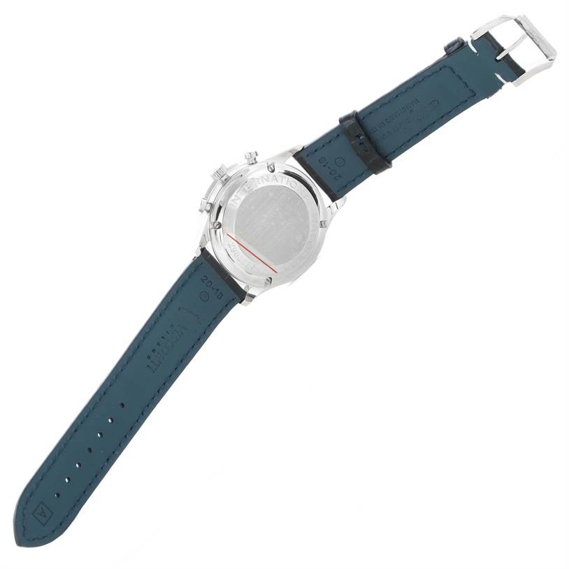 This image shows the back view of an IWC Portuguese IW371445 Men's Stainless Steel Silver Dial IW371445 Men's Stainless Steel Silver Dial model watch, featuring the case back and the full leather strap.