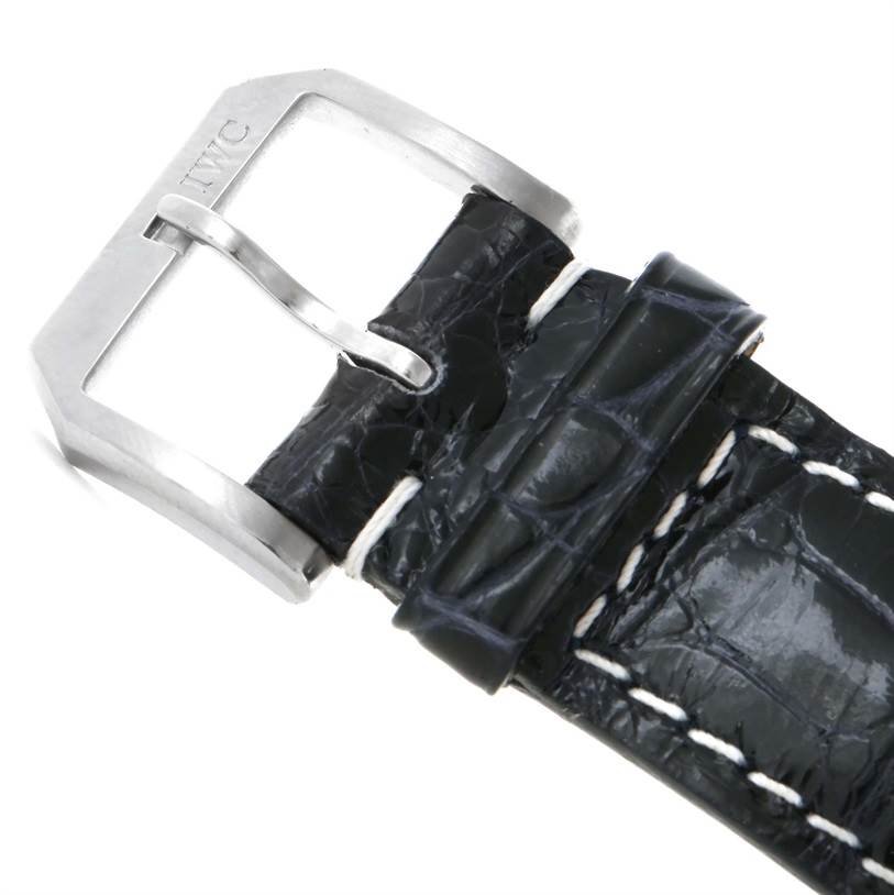 The image shows the buckle and part of the leather strap of an IWC Portuguese IW371445 Men's Stainless Steel Silver Dial IW371445 Men's Stainless Steel Silver Dial model watch.
