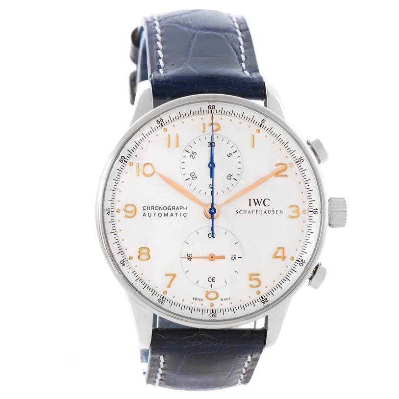 The image shows a frontal view of the IWC Portuguese IW371445 Men's Stainless Steel Silver Dial IW371445 Men's Stainless Steel Silver Dial model watch, highlighting its dial, hands, numerals, and leather strap.