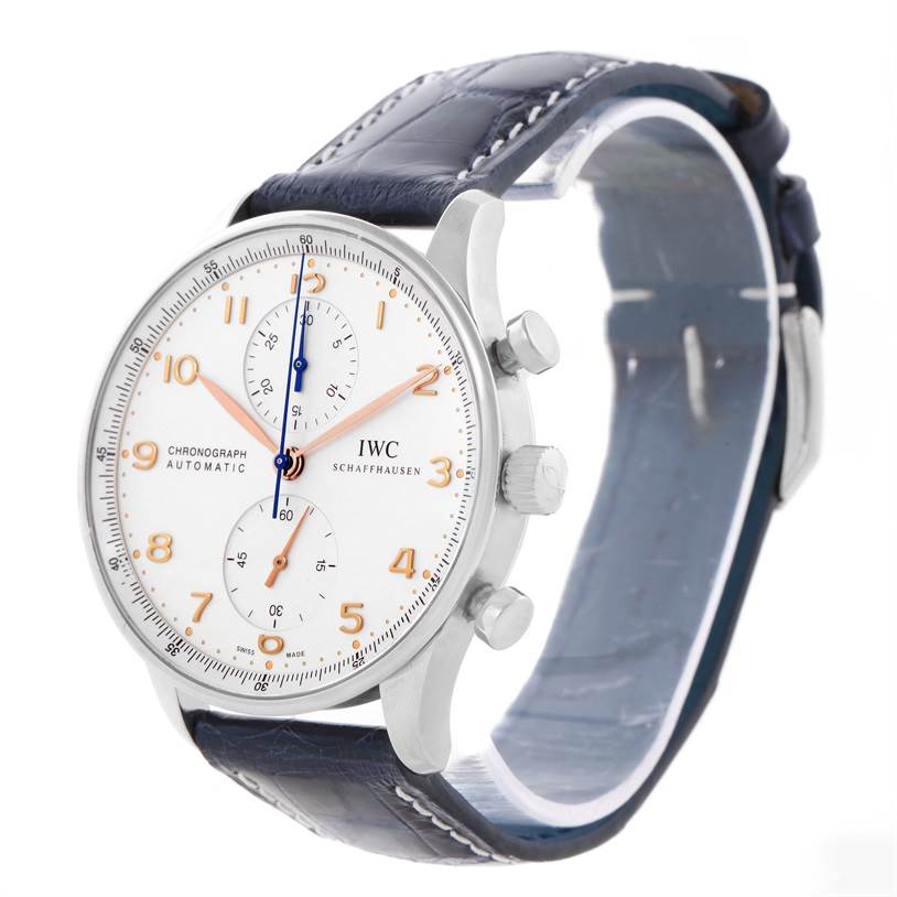 The IWC Portuguese IW371445 Men's Stainless Steel Silver Dial IW371445 Men's Stainless Steel Silver Dial model watch is shown at a slight angle from the front and side, highlighting its face, chronograph pushers, and strap.