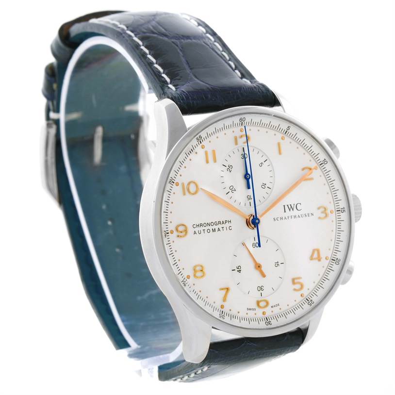 The image shows a front-left angle of an IWC Portuguese IW371445 Men's Stainless Steel Silver Dial IW371445 Men's Stainless Steel Silver Dial chronograph watch, highlighting its dial, case, and strap.