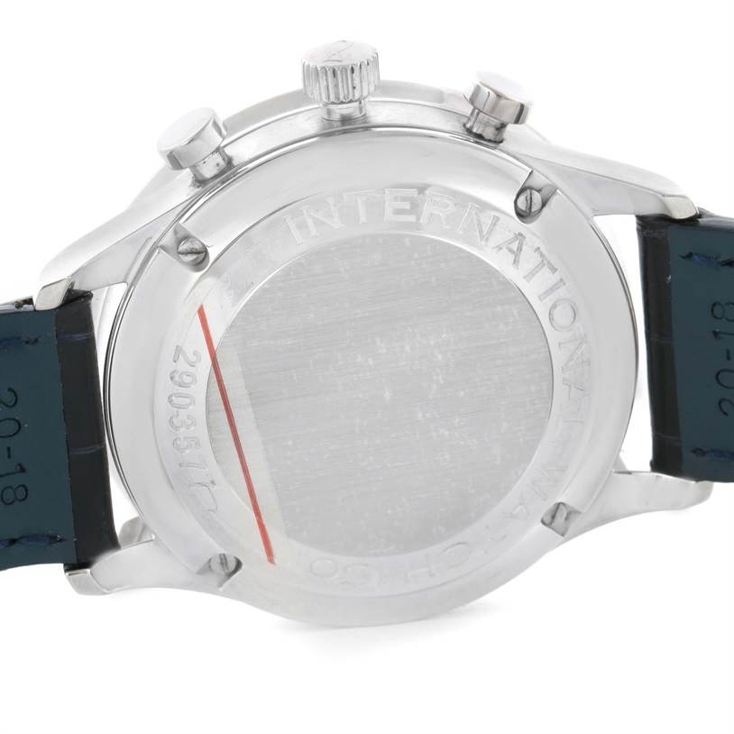 The image shows the back case and crown of an IWC Portuguese IW371445 Men's Stainless Steel Silver Dial IW371445 Men's Stainless Steel Silver Dial model watch.