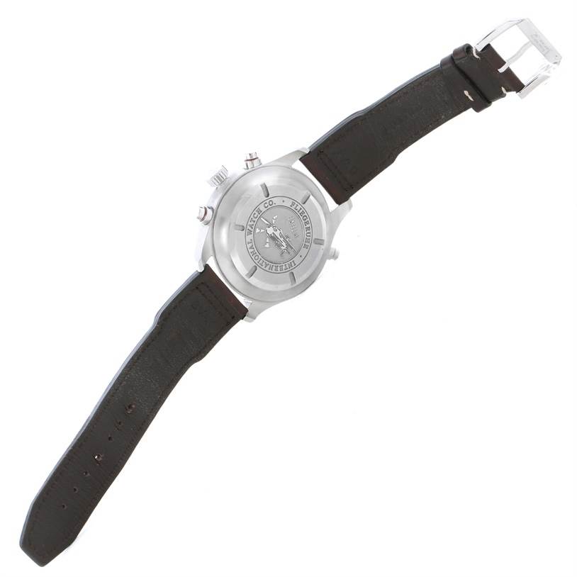 This image shows the back view of an IWC Pilot IW371806 Men's Stainless Steel Silver Dial IW371806 Men's Stainless Steel Silver Dial model watch, highlighting the case back and leather strap.