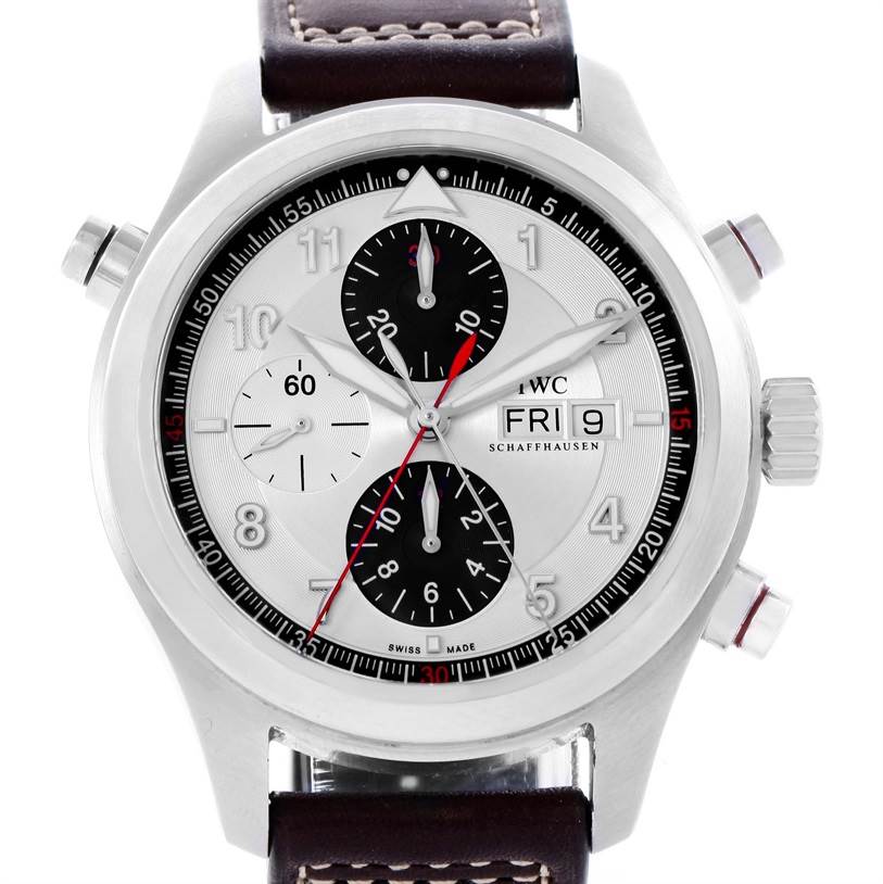 This image shows a front view of the IWC Pilot IW371806 Men's Stainless Steel Silver Dial IW371806 Men's Stainless Steel Silver Dial model watch, highlighting its dial, subdials, and brown leather strap.