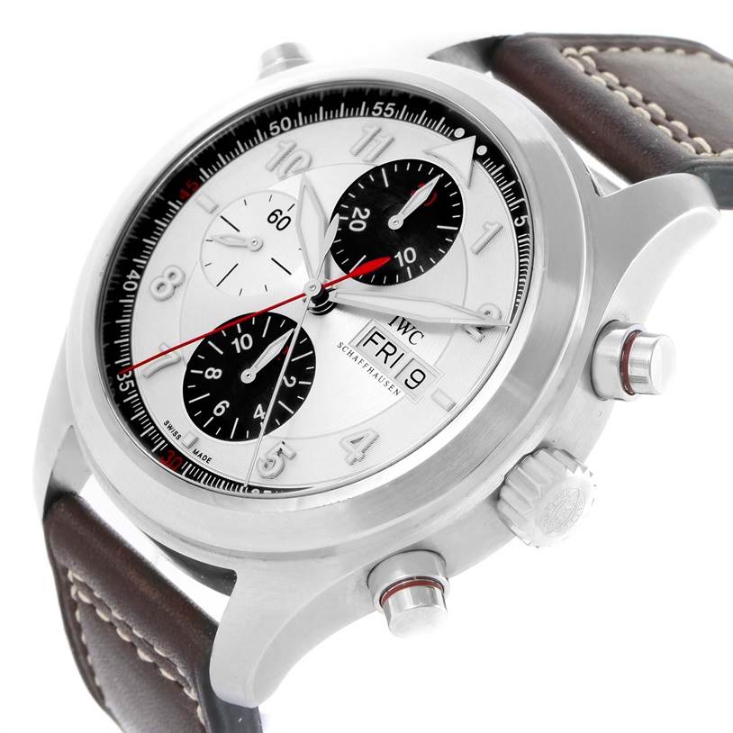 The image shows an IWC Pilot IW371806 Men's Stainless Steel Silver Dial IW371806 Men's Stainless Steel Silver Dial watch model, angled to display the watch face, chronograph subdials, crown, and pushers.