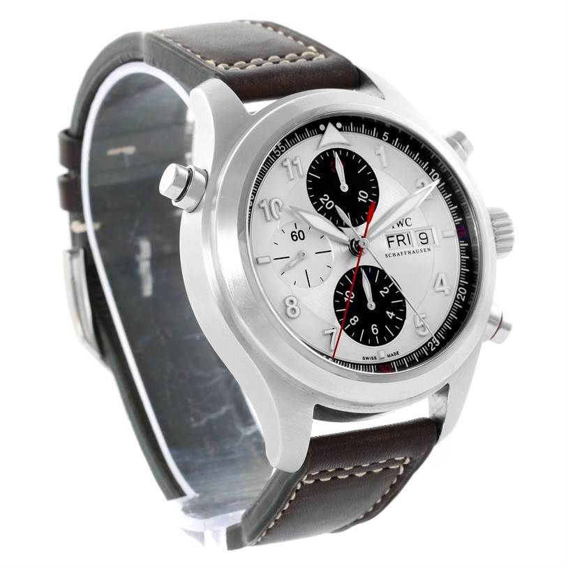 The image shows the IWC Pilot IW371806 Men's Stainless Steel Silver Dial IW371806 Men's Stainless Steel Silver Dial model watch at a front angle, highlighting the case, dial, pushers, crown, and leather strap.