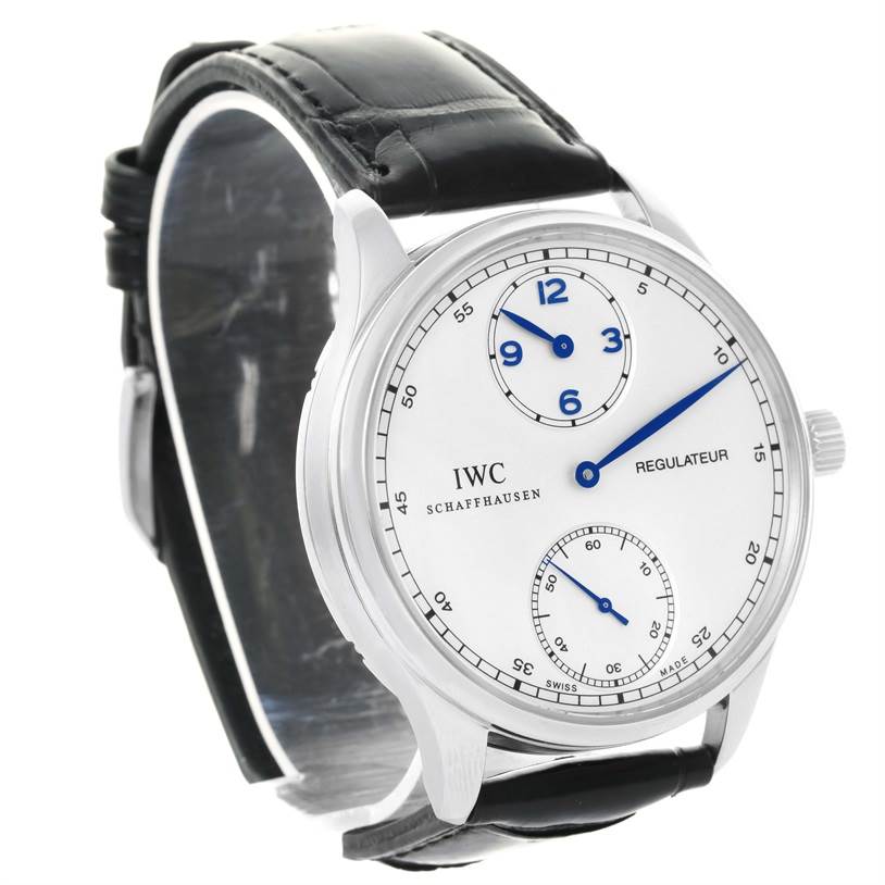 The IWC Portuguese IW544401 Men's Stainless Steel Silver Dial IW544401 Men's Stainless Steel Silver Dial model watch is shown at a three-quarter angle, highlighting the face, case, and part of the strap.