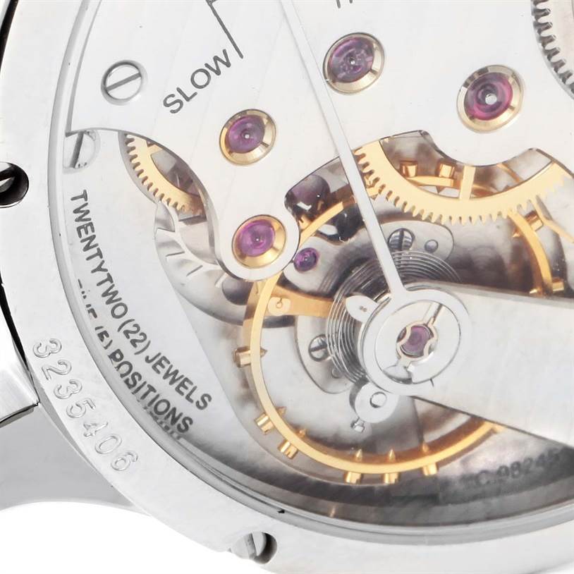 This close-up image shows the intricate mechanical movement inside the caseback of the IWC Portuguese IW544401 Men's Stainless Steel Silver Dial IW544401 Men's Stainless Steel Silver Dial model watch.