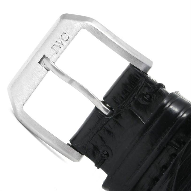This image shows the buckle and part of the black leather strap of an IWC Portuguese IW544401 Men's Stainless Steel Silver Dial IW544401 Men's Stainless Steel Silver Dial watch.