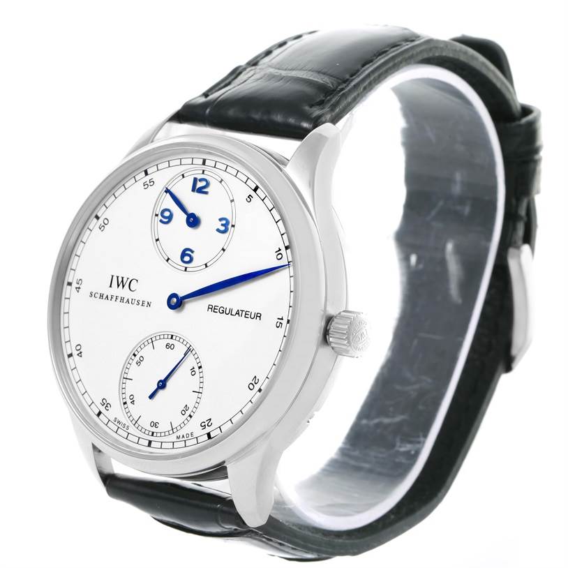 The watch is an IWC Portuguese IW544401 Men's Stainless Steel Silver Dial IW544401 Men's Stainless Steel Silver Dial Regulateur model shown from a front angled view, highlighting the dial, crown, and strap.