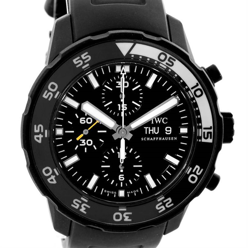 The image shows a front view of an IWC Aquatimer watch, displaying the face, bezel, and part of the strap.