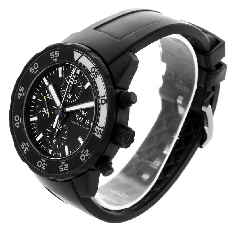 The IWC Aquatimer IWC3767-05 Men
s Stainless Steel Black Dial IWC3767-05 Men
s Stainless Steel Black Dial watch is shown at a three-quarter angle, displaying the face, bezel, crown, and rubber strap.