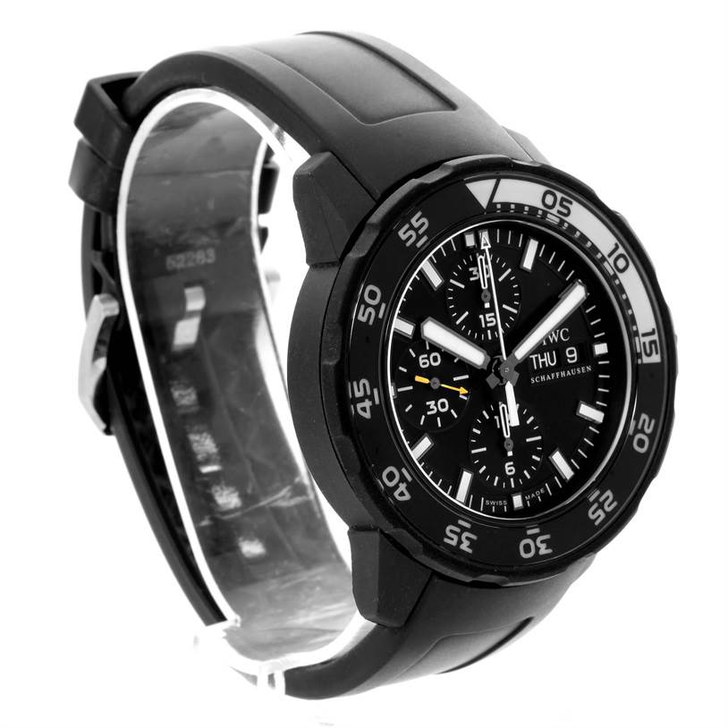 The image shows a side and front view of the IWC Aquatimer IWC3767-05 Men
s Stainless Steel Black Dial IWC3767-05 Men
s Stainless Steel Black Dial watch, highlighting the bezel, dial, and rubber strap.