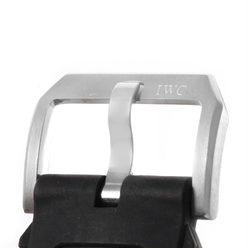 The image shows a close-up of the buckle of an IWC Aquatimer IWC3767-05 Men
s Stainless Steel Black Dial IWC3767-05 Men
s Stainless Steel Black Dial watch strap.