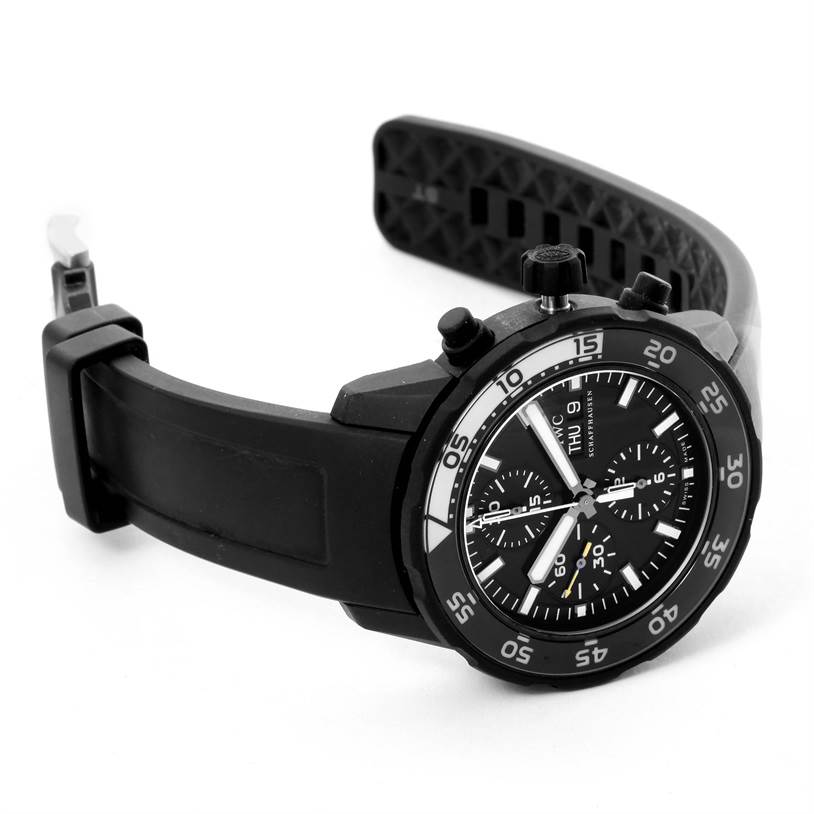 The image shows an IWC Aquatimer IWC3767-05 Men
s Stainless Steel Black Dial IWC3767-05 Men
s Stainless Steel Black Dial watch at an angle displaying the face, bezel, and black rubber strap.