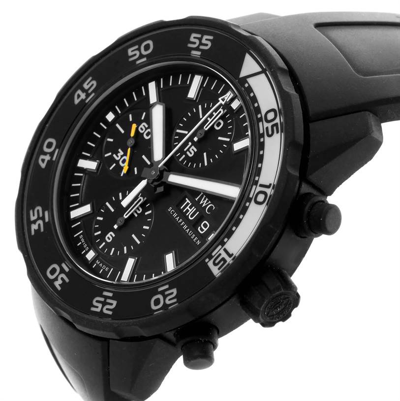 The image shows an angled view of an IWC Aquatimer IWC3767-05 Men
s Stainless Steel Black Dial IWC3767-05 Men
s Stainless Steel Black Dial watch, highlighting its face, bezel, and chronograph buttons.