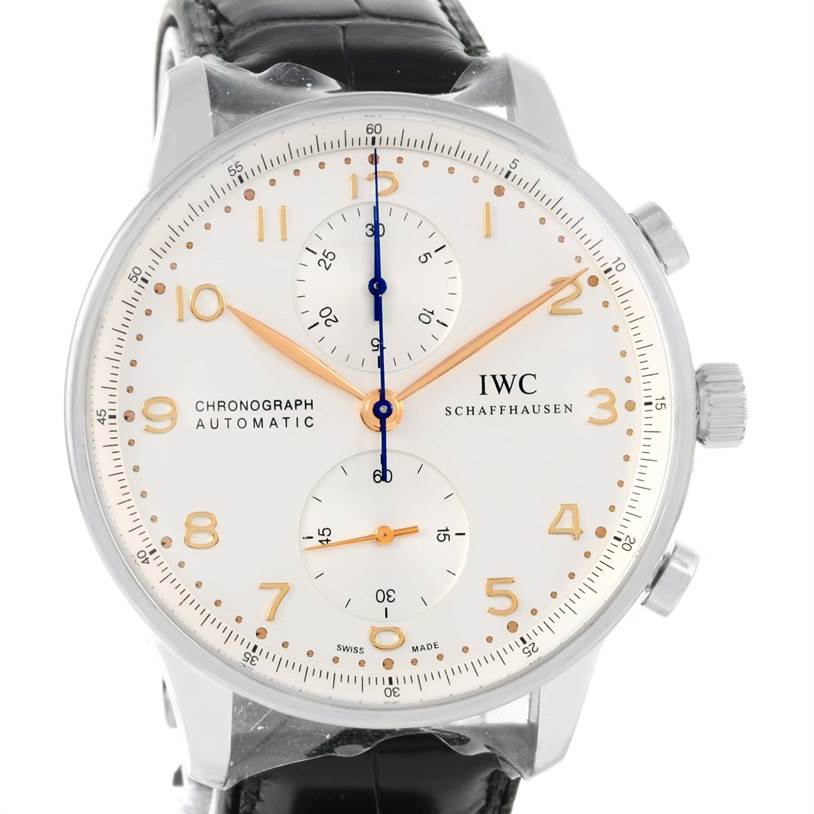 The image shows a frontal view of the IWC Portuguese IW371445 Men's Stainless Steel Silver Dial IW371445 Men's Stainless Steel Silver Dial Chronograph Automatic watch, highlighting its dial, hands, and strap.
