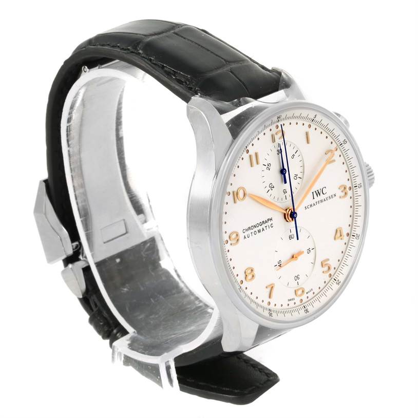 The image shows an IWC Portuguese IW371445 Men's Stainless Steel Silver Dial IW371445 Men's Stainless Steel Silver Dial chronograph watch, angled to display the face, crown, and black leather strap.