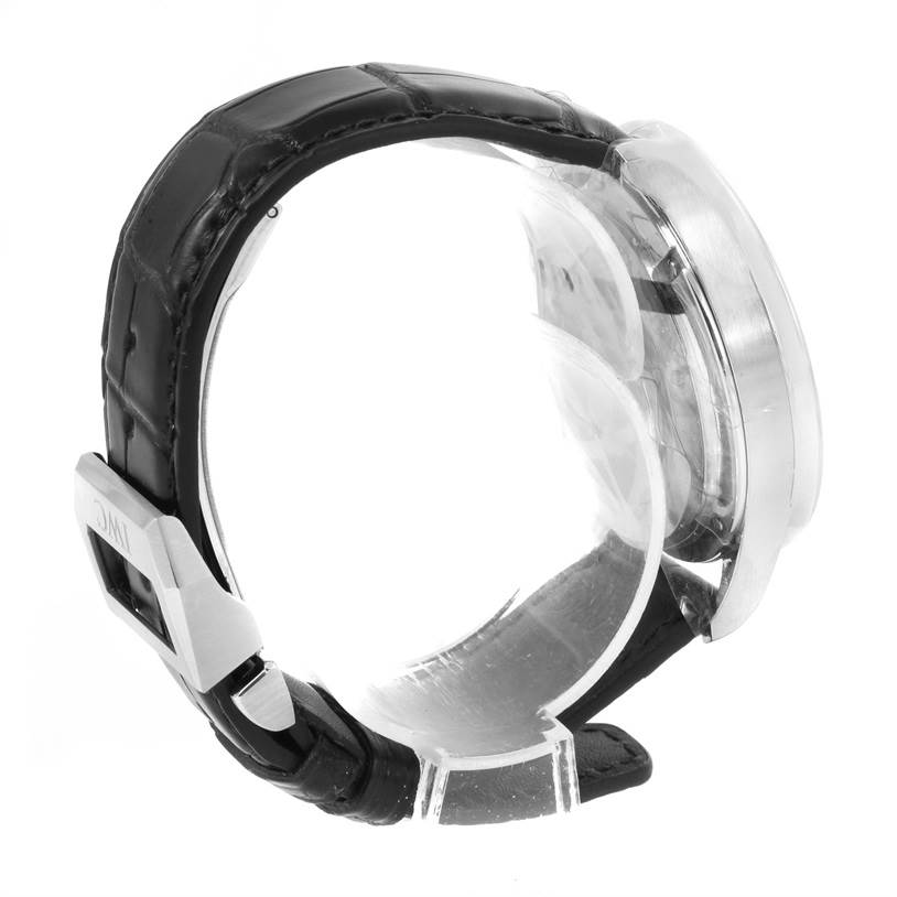 The image shows a side view of an IWC Portuguese IW371445 Men's Stainless Steel Silver Dial IW371445 Men's Stainless Steel Silver Dial model watch, highlighting the band and buckle with "IWC" inscription.