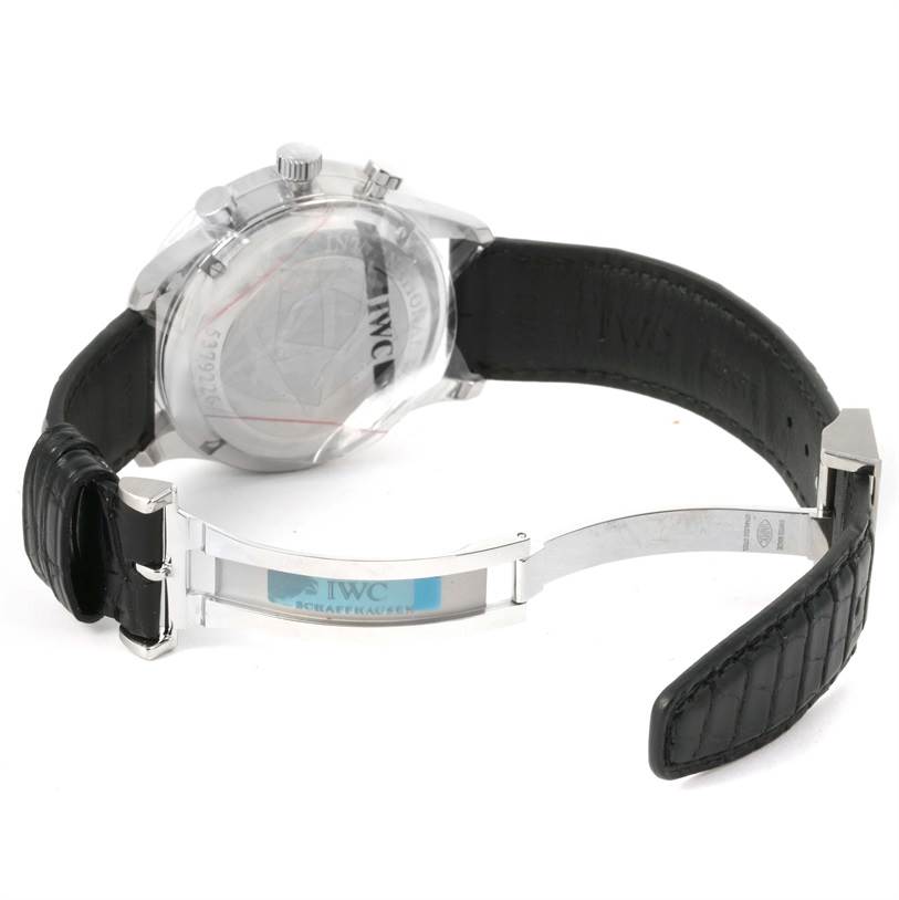 This image shows the back view, strap, and deployment clasp of an IWC Portuguese IW371445 Men's Stainless Steel Silver Dial IW371445 Men's Stainless Steel Silver Dial model watch.